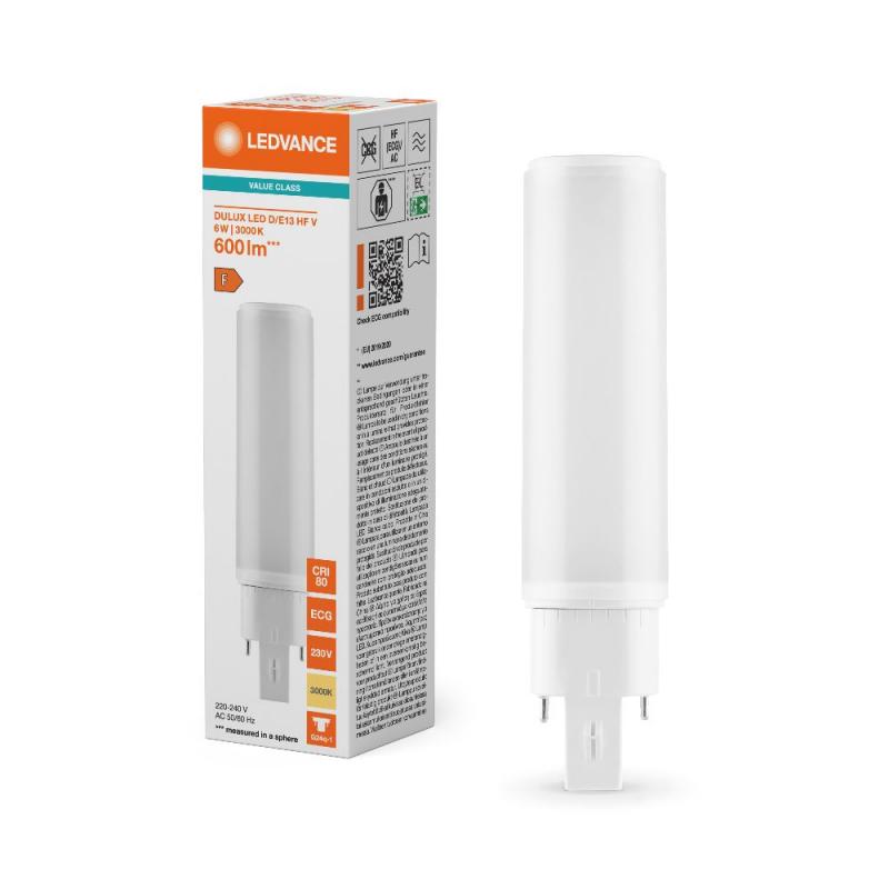 Ledvance DULUX D/E13 HF & AC LED Kompaktlampe 4Pin G24Q-1 6W wie 13W 3000K
